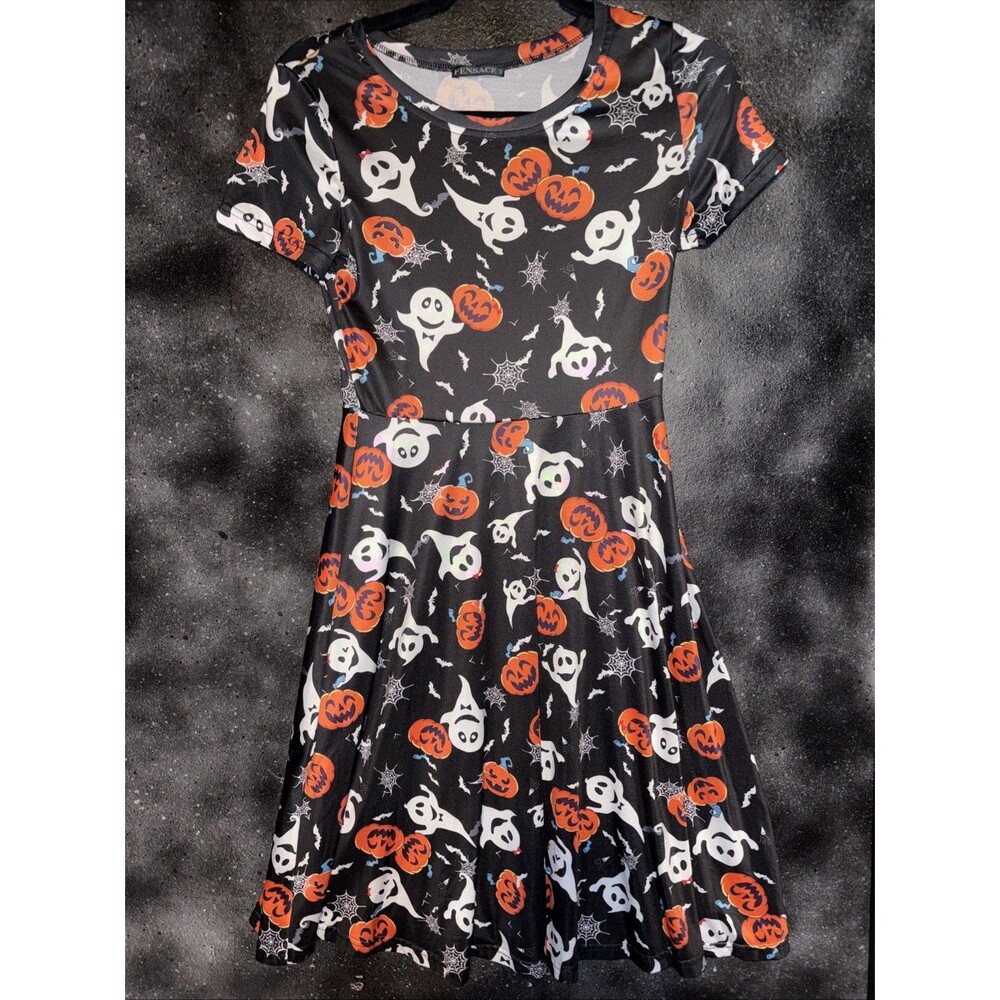 Fensace Womens Halloween Skater Dress Small Black Pumpkin Ghost Print Flare S